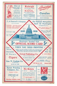 1939 Washington Senators vs Boston Red Sox Scorecard - Ted Williams Rookie Year - Picture 1 of 4