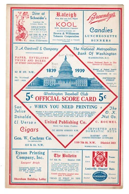 1939 Washington Senators vs Boston Red Sox Scorecard - Ted Williams Rookie Year - Image 1 of 4
