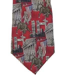 Vtg Stonehenge Silk Tie Bull Bear Wall Street WTC Twin Towers USA Flag Red - Picture 1 of 6