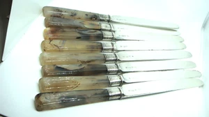 ANTIQUE JOHN ROTTON SILVER-PLATE AGATE HANDLES 8 LUNCH KNIVES 18-19 C. VERY RARE - Picture 1 of 7