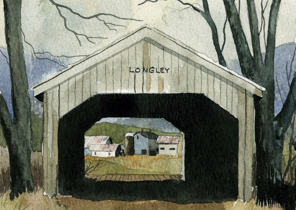 Longley Covered Bridge & Farm, Montgomery, Vermont. Watercolor landscape prints - Image 1 of 1