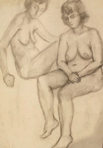 VINTAGE NUDE FEMALES PORTRAIT PENCIL PAINTING SIGNED - Picture 1 of 12