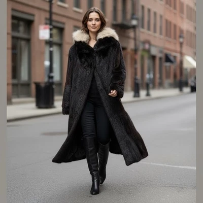 Vintage Klondike Warrior Muskrat Fur Coat with Detachable Fox-Trim Hood - Image 1 of 3