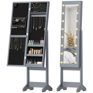 HOMCOM Freestanding LED Mirrored Jewelry Cabinet Grey - Picture 1 of 11