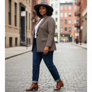 SHEIN Curve Brown Longline Blazer Womens 0XL Houndstooth Flannel Single Breasted - Picture 1 of 4