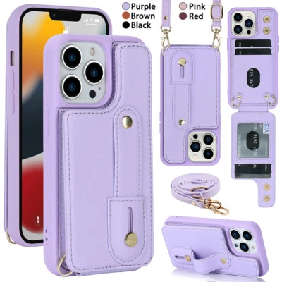 For iPhone 16E 15 14 13 12 11 X 7 Leather Card Wrist Strap Case Cover W/ Lanyard - Image 1 of 2