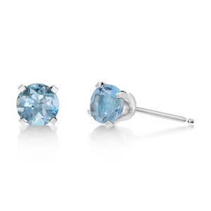 14K White Gold Round Blue Topaz Stud Earrings for Women with Push Backs - 5 mm - Picture 1 of 9