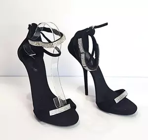 GIUSEPPE ZANOTTI Black Suede Stilettos Crystal Embellished Sandals Heels 41 NEW - Picture 1 of 10