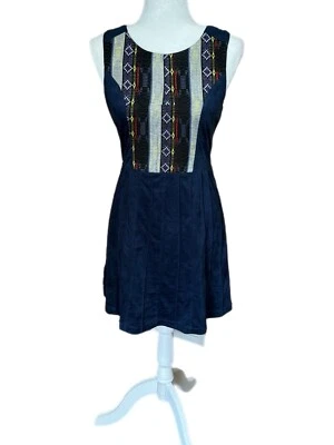 ESLEY Blue Sleeveless Colourful Knit And Faux Suede Dress Size Small Simple Fall - Image 1 of 4