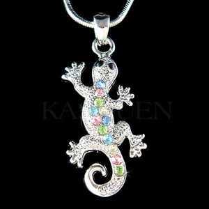 Regenbogen Eidechse Reptil Salamander Gecko mit Swarovski Kristall Halskette Neu - Bild 1 von 1