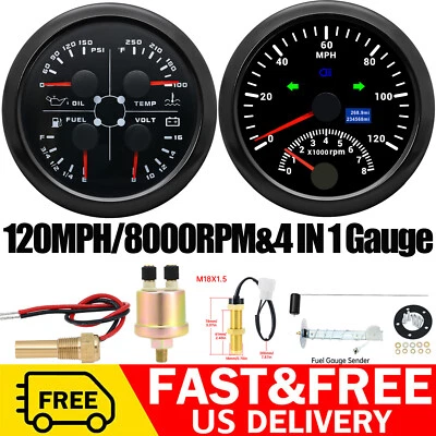 85mm Boat GPS Speedometer 0-120MPH with Tacho 0-8000RPM&4 IN 1 Gauge with Sensor - Image 1 of 4