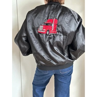Винтажный 90-х сатин Bomber куртка мужской размер большой черный графический полу логотип - Изображение 1 из 4