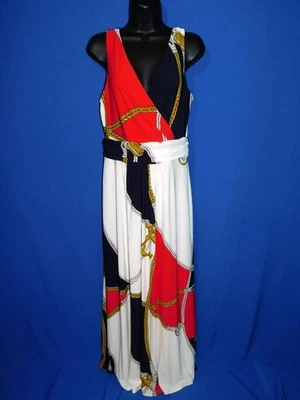 Maxi Vestido Ralph Lauren Talla 8 Nuevo con Etiquetas Estampado Náutico Jersey Tejido Sin Mangas Rojo Azul Foto 1 de 4