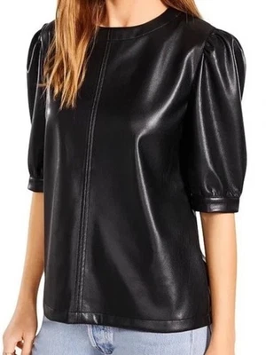 BB Dakota Sz Large Faux Leather Top Puff Sleeve Blouse Black - Image 1 of 4