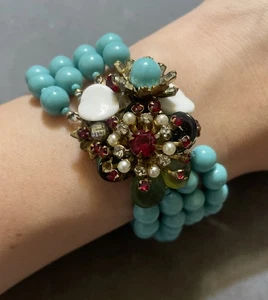 Rare Vintage Miriam Haskell turquoise Colored beads rhinestones bracelet - Picture 1 of 11