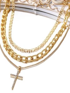 18K vergoldet Lagenlook Halskette Set Kreuz CZ Anhänger Damen Mode Trendy 2025 - Bild 1 von 7