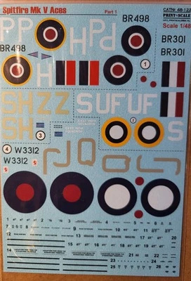 PRINT SCALE 1:48 SPITFIRE Mk V ACES Part 1 Decals 48-122 - Image 1 of 3