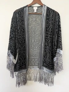 Chicos Silk Velvet Burnout Open Duster Fringe Boho Festival Cora Jacket Vtg S/M - Picture 1 of 8