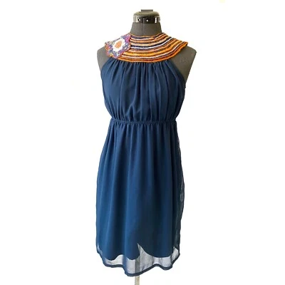 Womens S Judith March Dress Navy Blue Chiffon Orange Yarn Flower Appliqué Collar - Image 1 of 4
