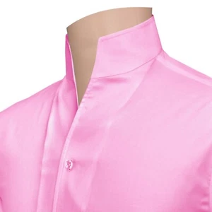 Open High Collar 100% Cotton Pink Shirt for Men Tall Open Neck Wedding Outfit - Picture 1 of 9