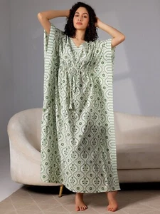 Casual Caftan Plus Size 56" Length Indian Pure Cotton Women Long Dress Gown Maxi - Picture 1 of 6
