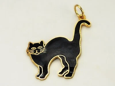 Berloque/pingente de gato esmaltado preto tom dourado 1 1/4", gato preto, vintage JWL-622 - Imagem 1 de 4