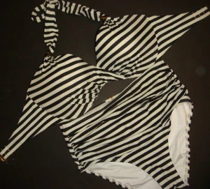 Victoria's Secret 34DD BIKINI S high-waist bottom Ivory cream white Black STRIPE - Picture 1 of 5