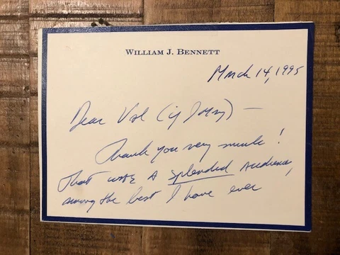 1 ORIG Hand Written Note to Val Halamandaris/NAHC Fm:William Bennett/Sec. Educ Cover