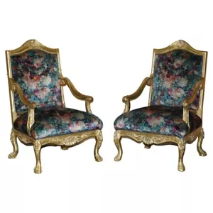 PAIR OF ANTIQUE ORIGINAL GILTWOOD FRAMED FRENCH LOUIS XV FAUTEUILS ARMCHAIRS - Picture 1 of 17