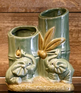 Majolika Elefant & Bambus Vintage Vase 6" - Bild 1 von 9