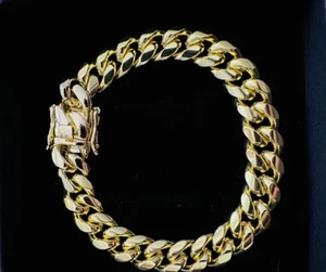 Men's Solid 10mm Miami Cuban Link Bracelet 14K Gold Plated Stainless Steel - Picture 1 of 3
