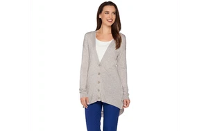 H by Halston Strickjacke mit Knopfleiste und Hemdschwanzsaum HTHR Lt Grau XS A279018 - Bild 1 von 4