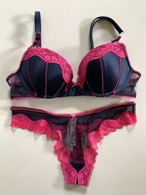 Victoria's Secret Tease Push Up Bra & Mesh Thong Panty Set Pink Navy 34B 32B S - Image 1 of 4