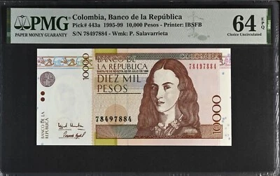 COLOMBIA 1995 1999 10,000 Pesos P 443 a  UNC PMG 64 EPQ - Image 1 of 2