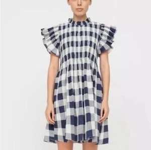SEA NEW YORK Morgan Navy Blue & White Plaid Flutter Sleeve Smocked Dress Medium - Picture 1 of 5