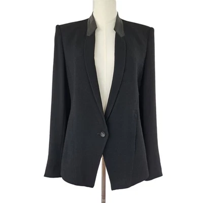 Chaqueta Blazer HELMUT LANG Negra Borde de Cuero Mezcla de Lana Crepé Talla 4 Minimalista Foto 1 de 4