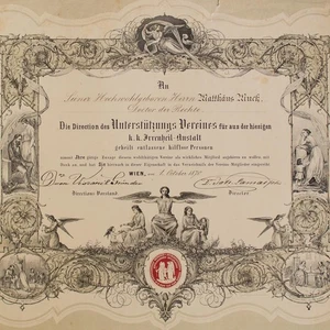 Aufnahmeurkunde Verein historisch Wien Unterstützungsverein Irrenanstalt 1870 - Picture 1 of 3