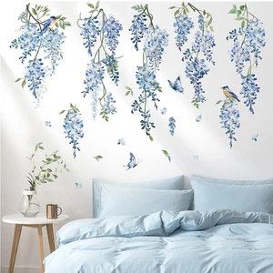 Decalmile Hanging Flower Vine Wall Decal Blue Floral Vines Wall Stickers Livi... - Picture 1 of 7