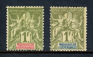 MADAGASCAR — SCOTT 46, 46a — 1896-99 1fr PEACE & COMMERCE ISSUE — MH — SCV $44 - Picture 1 of 2