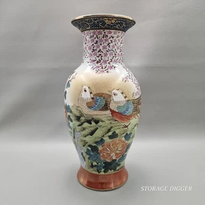 Vintage Satsuma Cloisonne Enamel Vase 12" Tall, Hand Painted, Birds Peony Floral - Picture 1 of 14