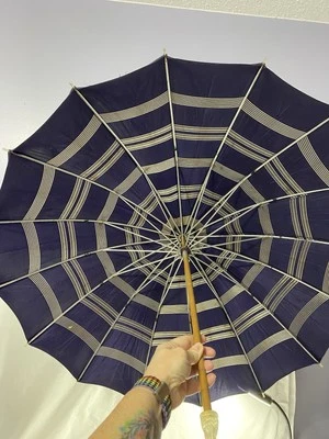 Paraguas Vintage Azul Tela Rayas Transparente Acrílico Plástico Ornamentado Mango Curvo Foto 1 de 4