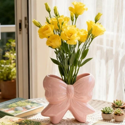 Jarrón de cerámica con lazo rosa decoración de habitación Coquette, florero estético Coquette para... Foto 1 de 4