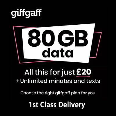80GB Giffgaf £ 20 Goodybag 30 Días Con Unltd Llamadas Textos, La Itinerancia Después De Uso Reino Unido • 16.60€