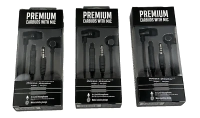 INLINE (3) Premium 35mm Wired Earbuds Headphones - Black With In Line Microphone