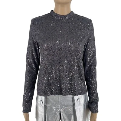 Mango MNG Women Grey Sequin Mock Neck Long Sleeve Blouse Size M - Image 1 of 4