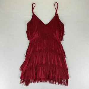 Fashion Nova Deep V Neck Red Cami Layered Fringe Bodycon Mini Dress Size Small - Picture 1 of 11