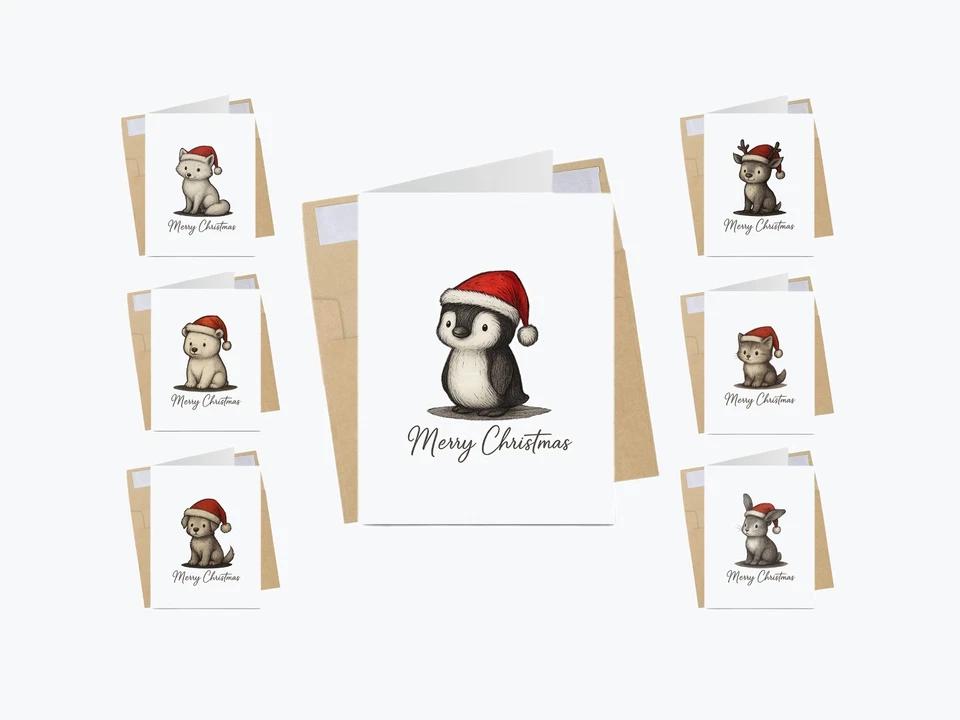 Cartão de Natal animal pacote com 7 conjunto pinguim, raposa, urso, renas, cachorro, gato, coelho - Imagem 1 de 4