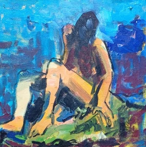 BATHING AT THE COAST IMPRESSIONIST COLOURIST OIL PAINTING 8" X 8" - Picture 1 of 2