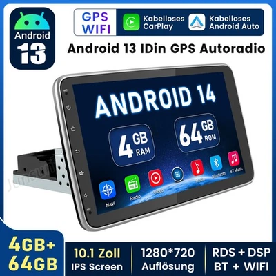 1 DIN 10.1 Zoll Android 14 Autoradio mit Apple Carplay GPS NAVI WIFI BT HIFI DSP - Bild 1 von 4
