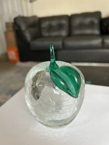 Clear Crackle Glass Apple Paperweight Decor Art Green Leaf Blenko? 3LBS 5”T - Picture 1 of 10